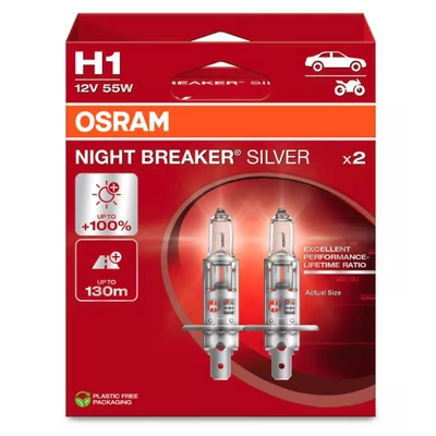 OSRAM NIGHT BREAKER SILVER H1 12V 55W +100% emelt fényű 2 db-os készlet 64150NBS-2HB